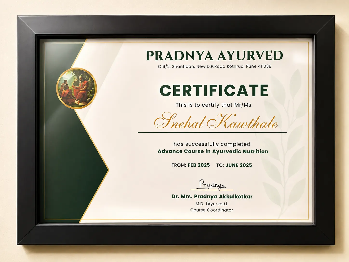 Advance Diet Nutrition Course for Snehal Salunkhe