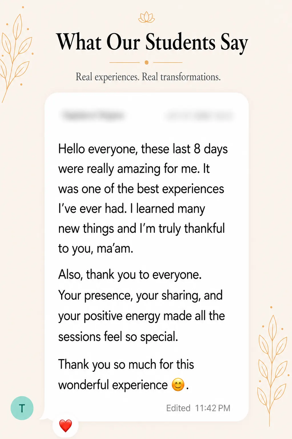 Student review screenshot for Snehyoga manifestation, mindset, and emotional release practice 5