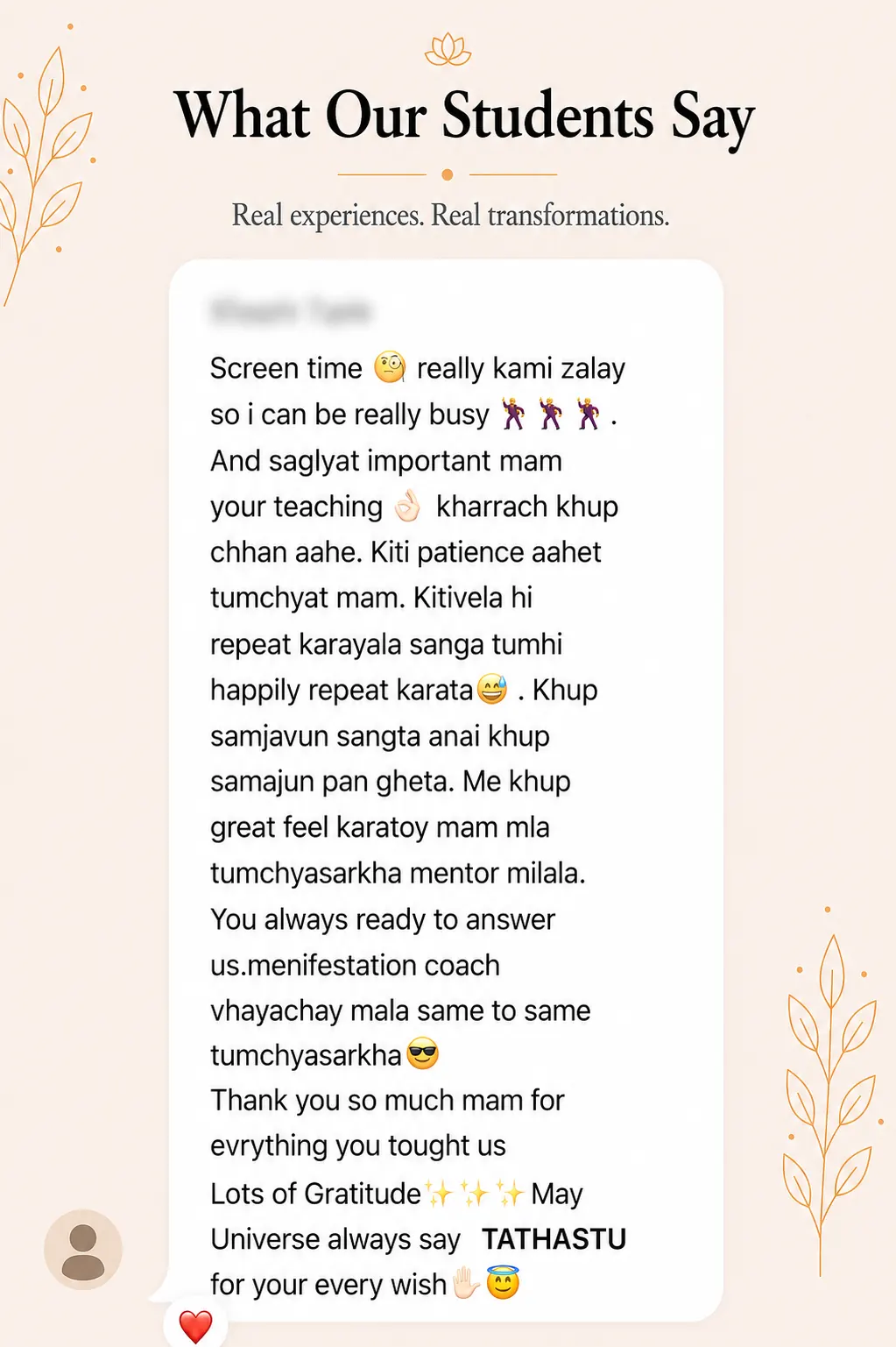 Student review screenshot for Snehyoga manifestation, mindset, and emotional release practice 7