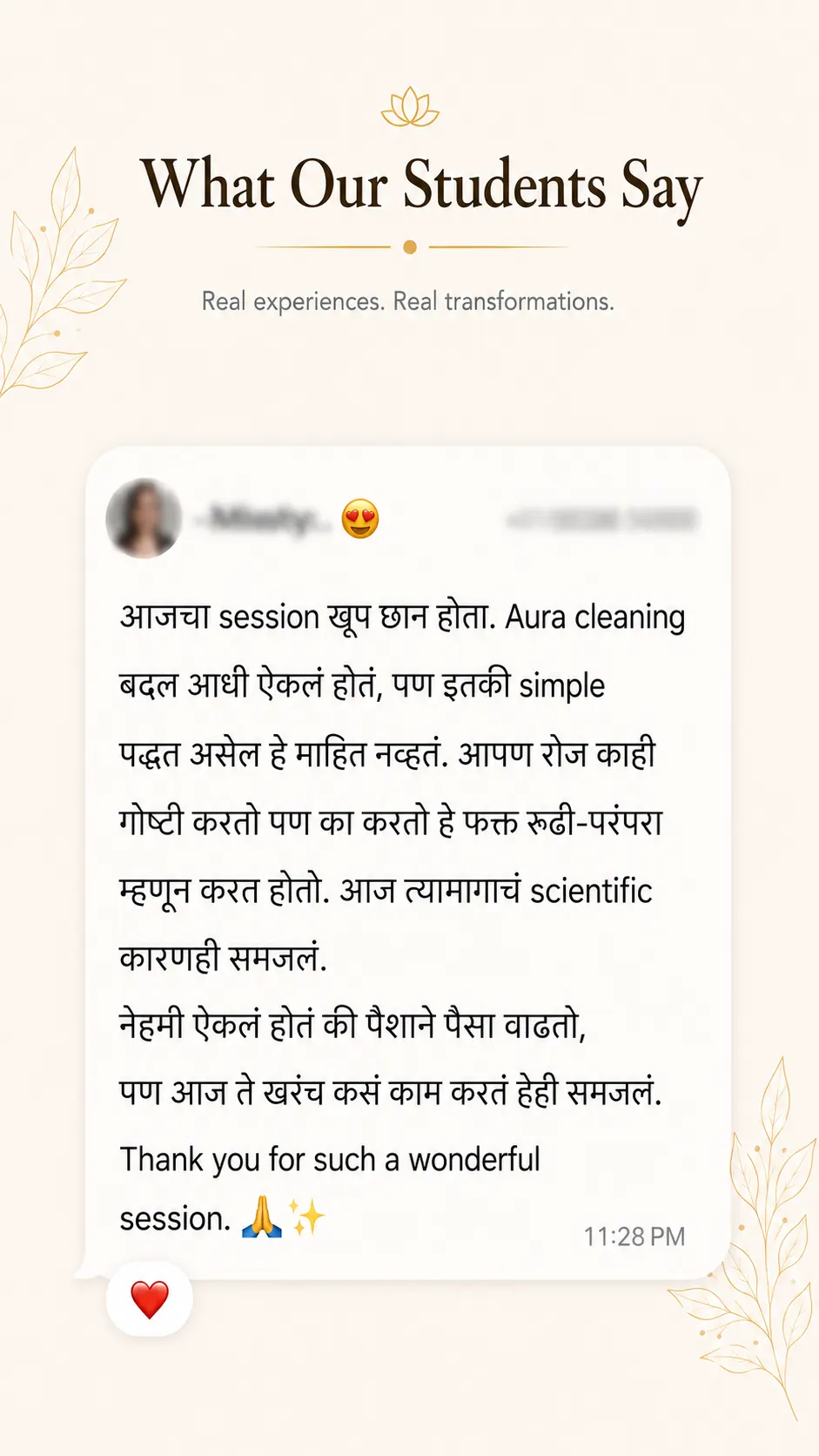 Student review screenshot for Snehyoga manifestation, mindset, and emotional release practice 9