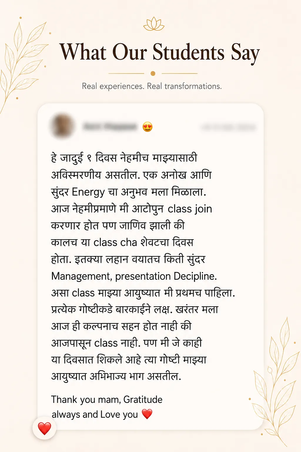 Student review screenshot for Snehyoga manifestation, mindset, and emotional release practice 10