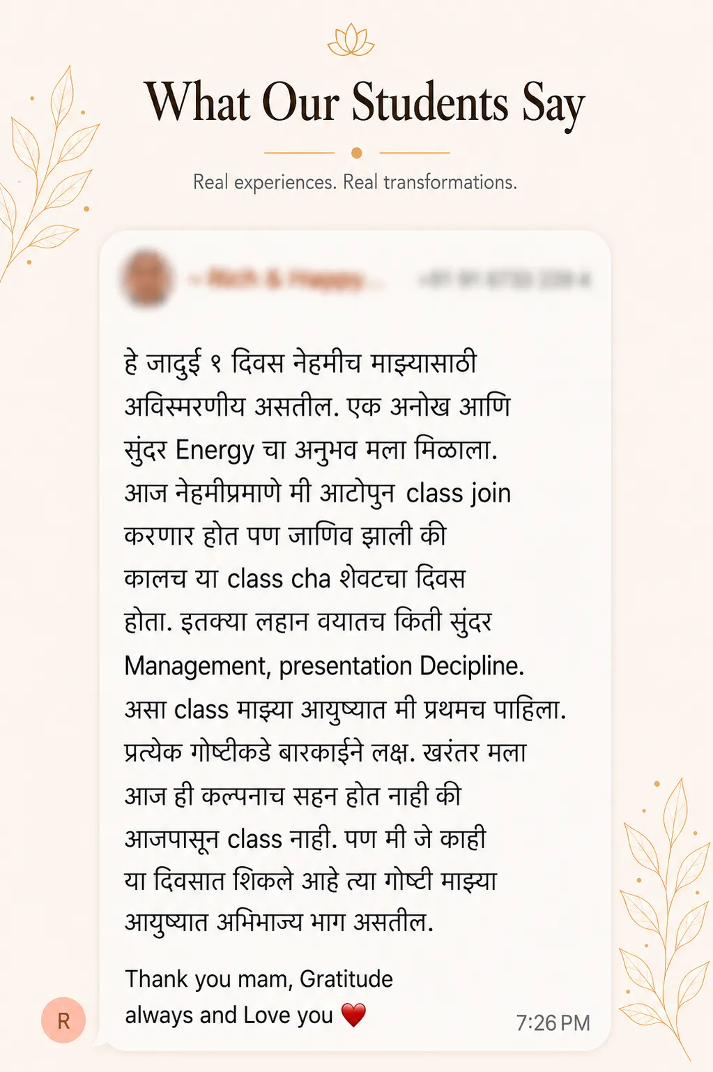 Student review screenshot for Snehyoga manifestation, mindset, and emotional release practice 11