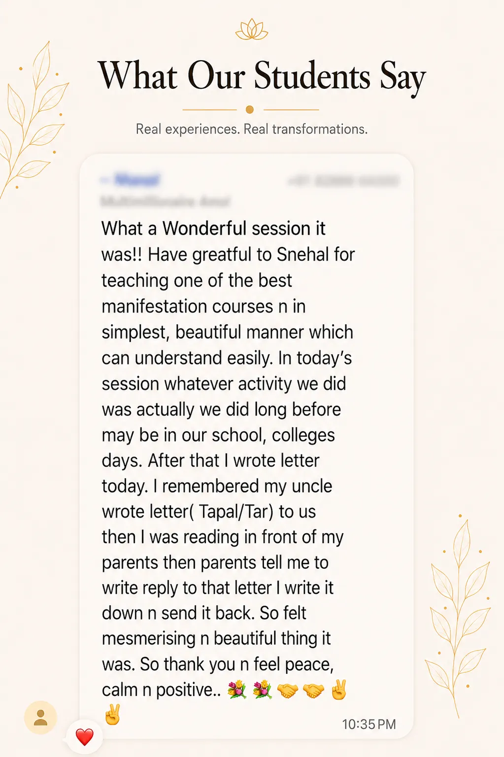 Student review screenshot for Snehyoga manifestation, mindset, and emotional release practice 14