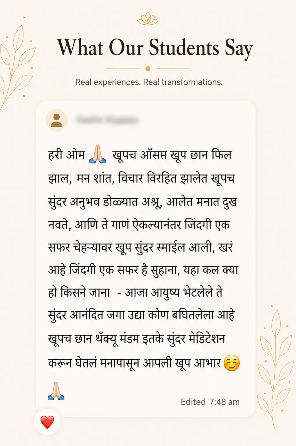 Student review screenshot for Snehyoga manifestation, mindset, and emotional release practice 16