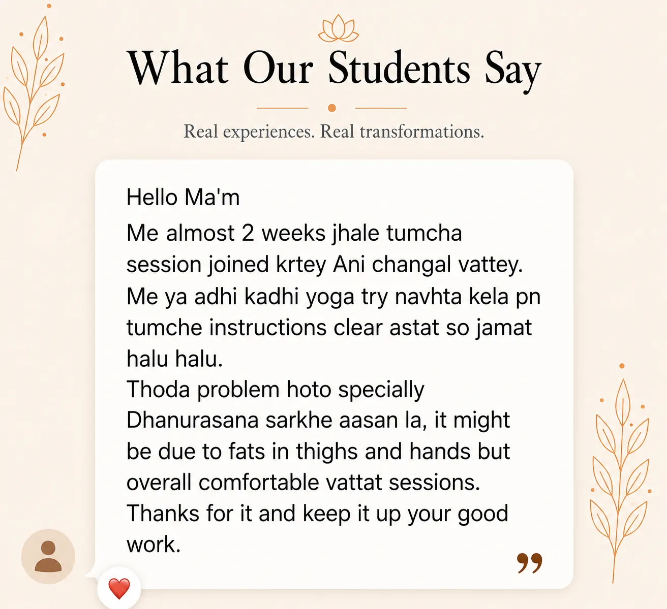 Student review screenshot for Snehyoga online yoga classes and guided daily yoga practice 6
