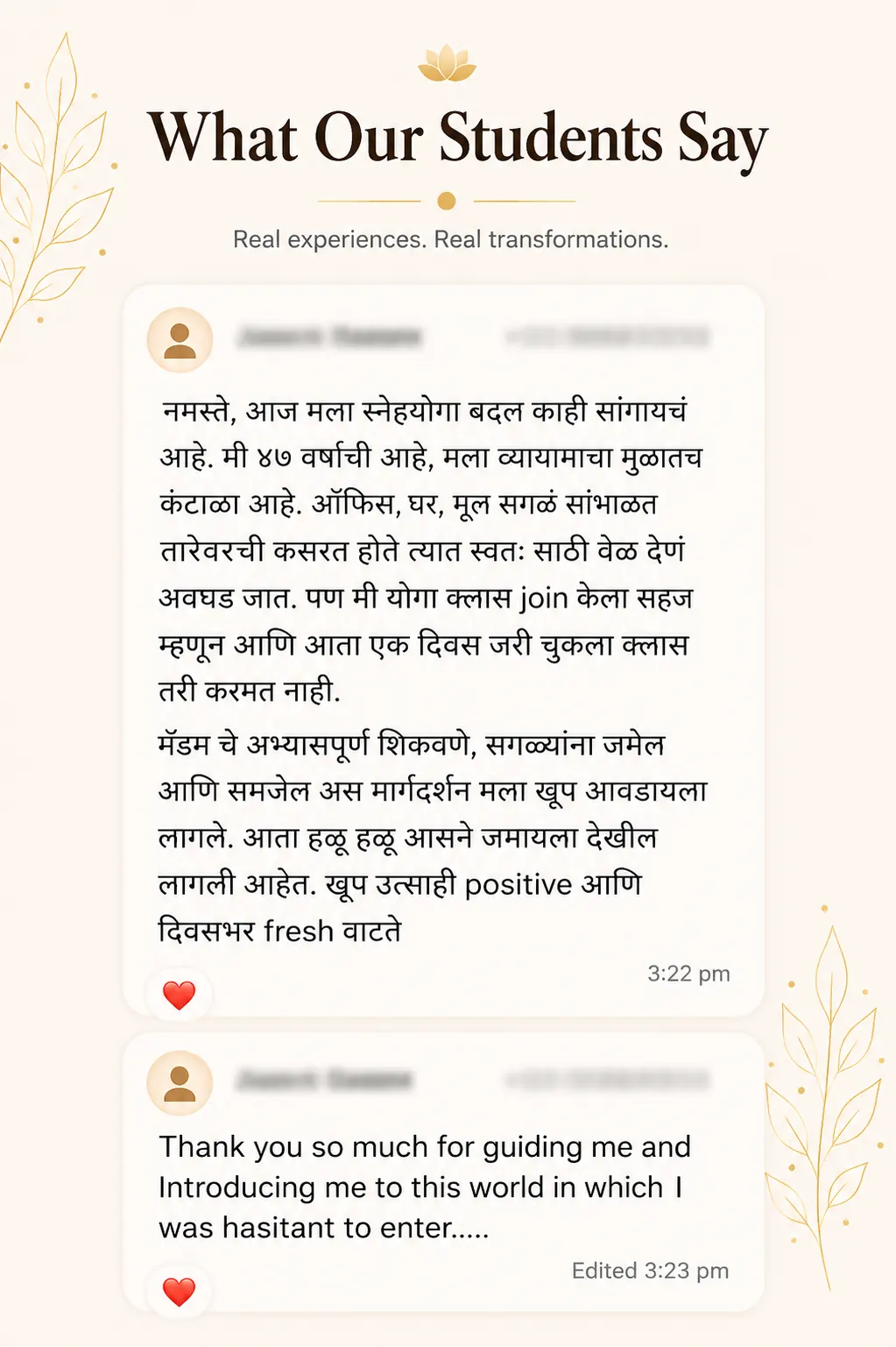 Student review screenshot for Snehyoga online yoga classes and guided daily yoga practice 16